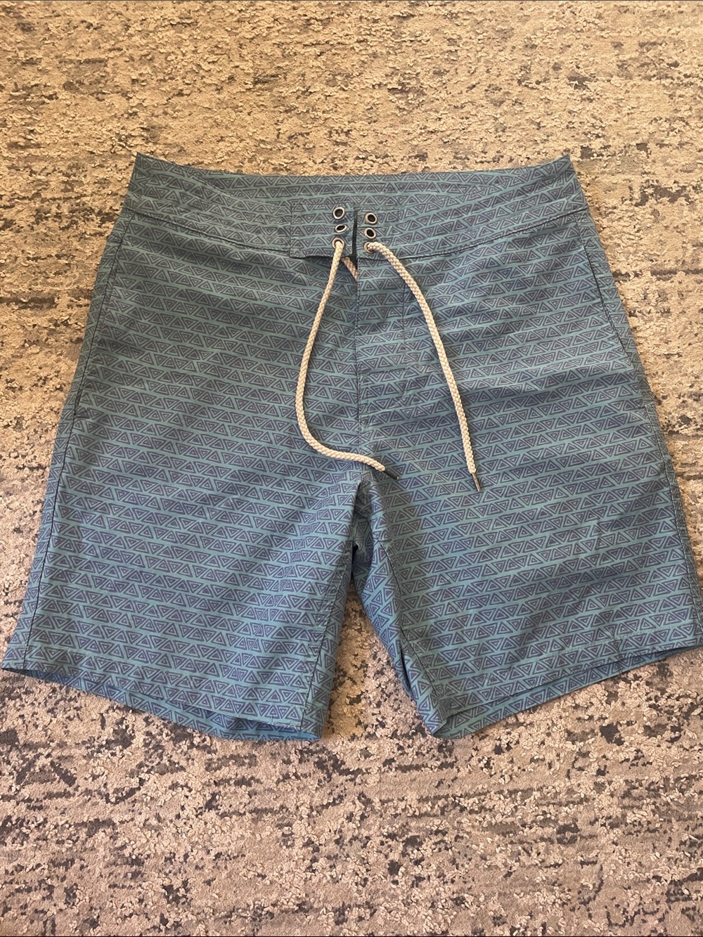 Faherty Teal Blue Geometric Board Shorts with Drawstring